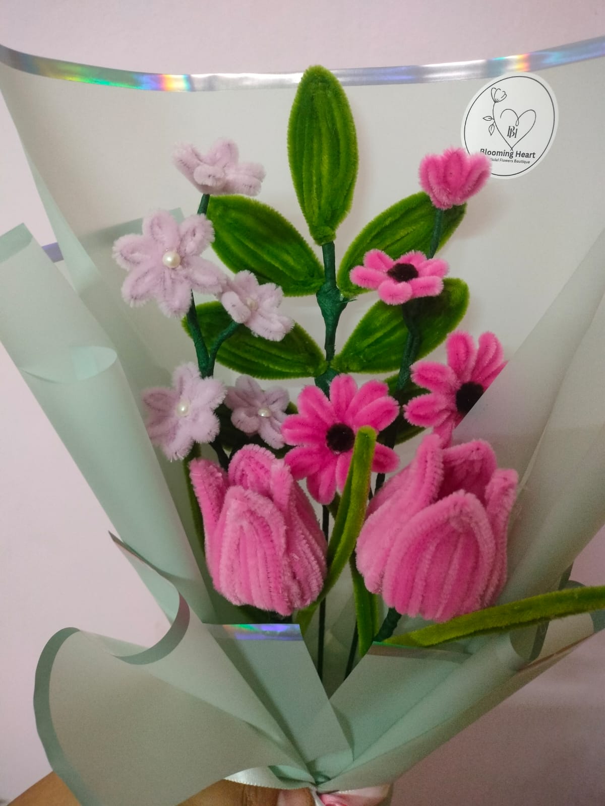 Pink Chenille tulip & Artificial flowers bouquet - perfect gift for any occasion
